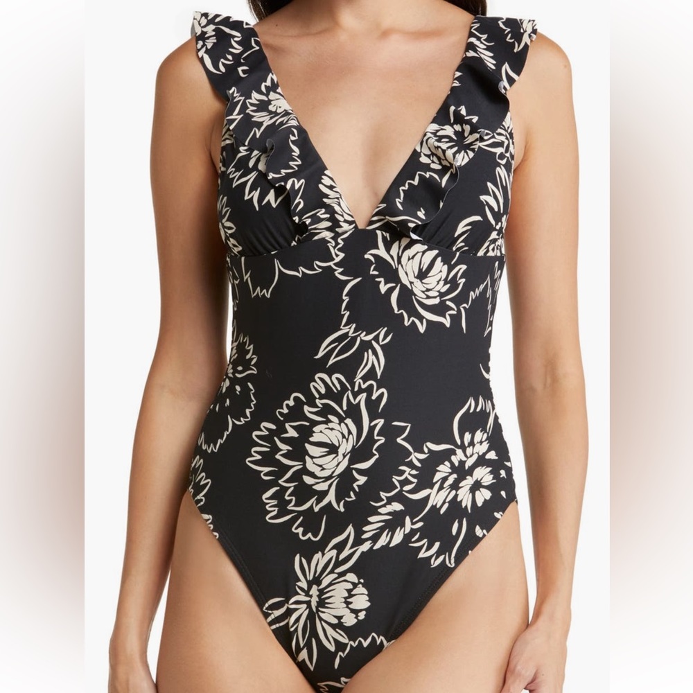 Robin Piccone Gracie Ruffe Plunge Neck One-Piece Swimsuit, size 10, blk & ivory
